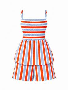 Vuslat Women's Summer Casual Commute Vacation Multi-Color Striped Print Ruched Pocket Camisole & Shorts 2-Piece Set, Suitable For Casual Vacation, Work Commute, Travel, Dating, Summer Holiday Casual Wear, Daily Wear, Back To School, Mexico Parade Outfit - Multicolor - View 3