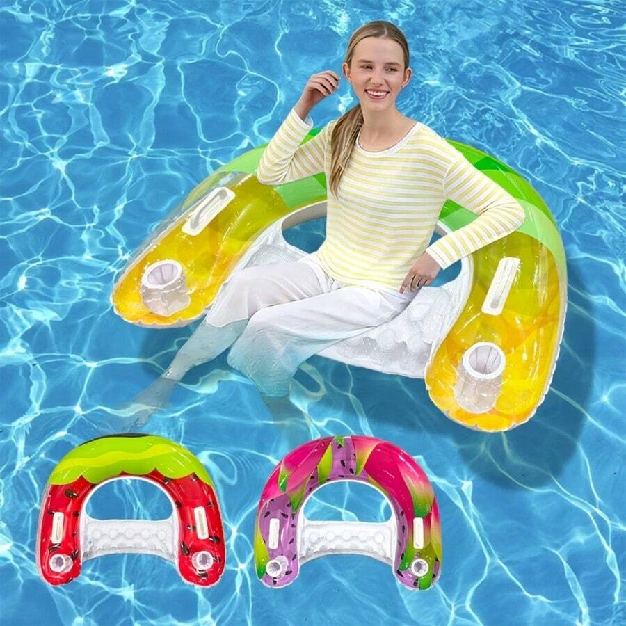 1pc New U-Shaped Dragon Fruit Floating Lounge Chair, PVC Material Portable Design With Handle And Cup Holder, Suitable For Beach, Pool, Lake Water Activities And Relaxation - Multicolor - View 1