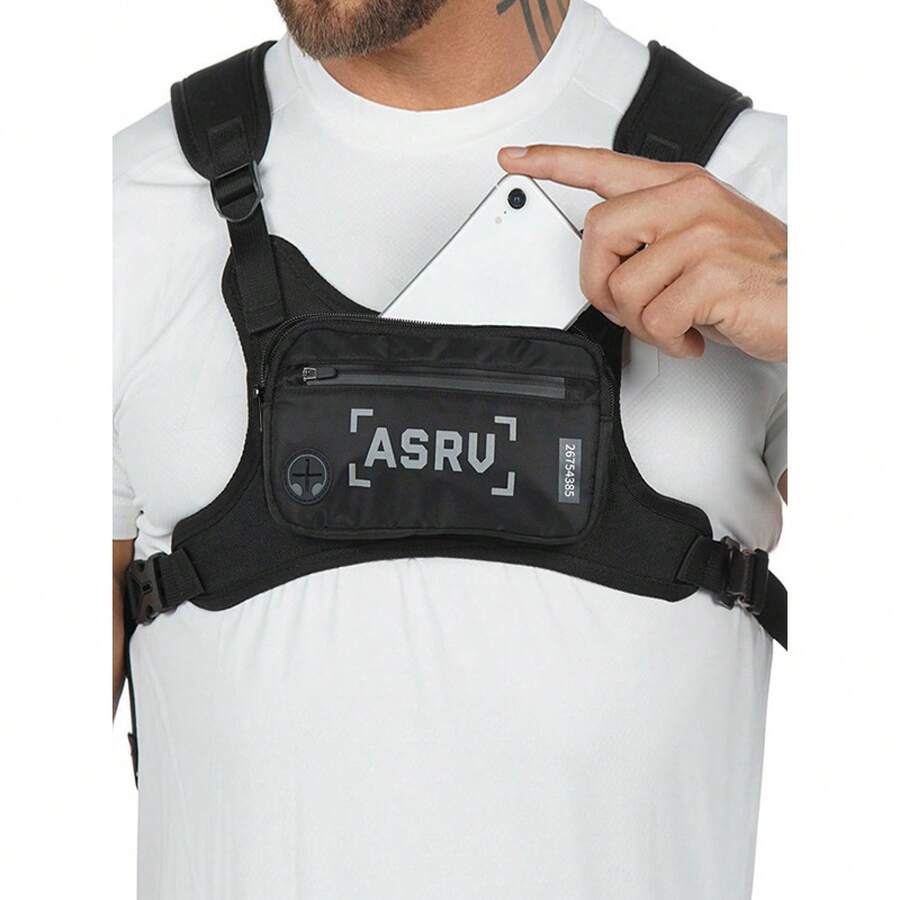 Men's Lightweight Chest Bag, Suitable For Running, Cycling, Hiking, And Skiing, With Reflective Design And Adjustable Vest-Style Design - Black - View 1