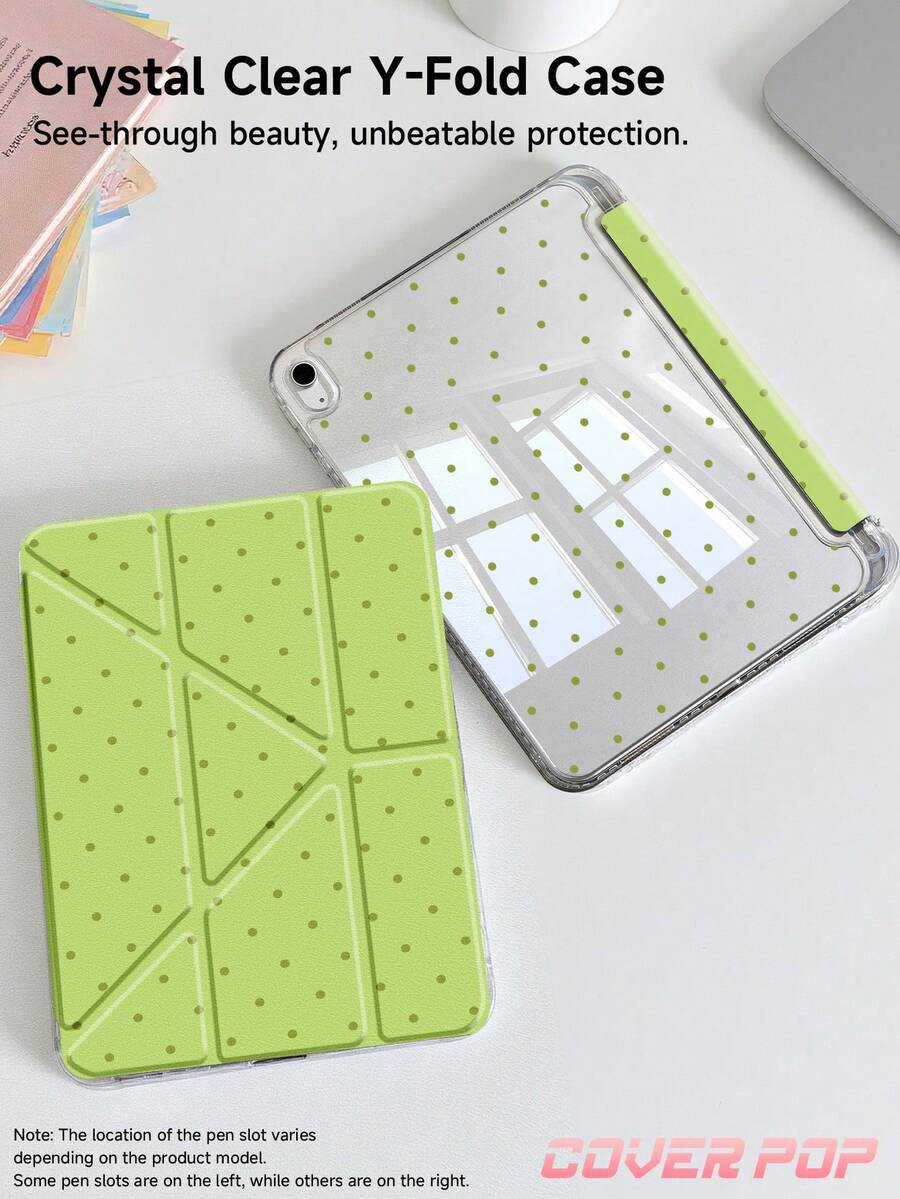 1件裝酪梨綠波點圖案平板保護殼，相容 iPad 9.7/10.2/10.5/10.9/12.9/Pro 11、第10代，相容 Galaxy Tab S6 Lite 10.4吋，相容 Kindle Paperwhite 12代 2024、Kindle（第11代 2024年上市），柔軟防摔，智慧支架/自動喚醒/睡眠，Y型折疊平板保護套，多種視角可調