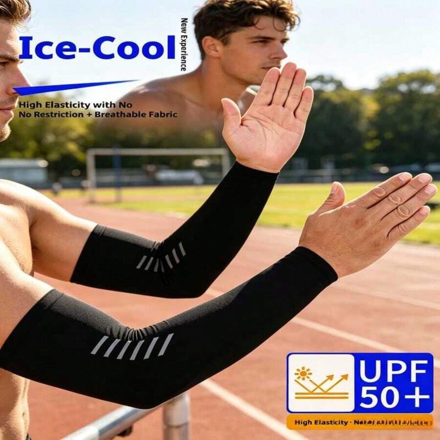 UPF50+UV Resistant Men's Cool Ice Sleeves, Reflective Night Visible Ice Silk Arm Protection, Breathable Sun Protection Arm Cover, Suitable For Cycling, Running, Driving, Fishing, And Hiking - Black - Highlighter - View 1