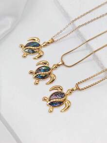 1pc Marine Life Series Stainless Steel Shell Inlaid Turtle Pendant 18K Women's Clavicle Necklace - Multicolor - View 3