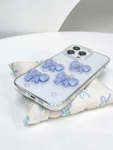 亮面冰藍蝴蝶結珍珠設計透明環氧樹脂手機殼，適用於 iPhone 17/17Air/17Pro/17ProMax/16/15/14/13/12/11/X/XS/XR/Mini/Pro Max/Pro/Plus，TPU 軟殼 - 藍色 - 查看 6