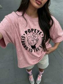 Camiseta de manga corta con cuello redondo para mujer, nuevo estampado de dibujos animados y letras de verano, top casual holgado y versátil, uso diario de moda en color rosa - Rosa - Ver 11