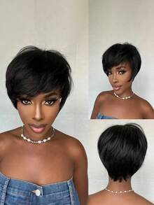 Women's Short Straight Human Hair Wig, 6 Inch Natural Black Brazilian Hair, 150% Density, Full Machine Made - Natural Black - View 3