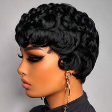 AMECIRE Short Curly Pixie Cut Wig For Women Real Human Hair Wigs Pixie Cut Wig Short Layered Brazilian Human Hair Wigs For Daily Use - Natural Black - View 3