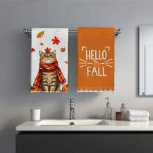 MEMNUN 2 Pcs Autumn Cute Striped Scarf Cat Print Pattern Kitchen Towel Dishcloth, Ultra-Fine Microfiber Polyester Material, Autumn Maple Leaf Pumpkin Hello Fall Decorative Hand Towel, Thanksgiving Home Fabric Hanging Towel, Home Decor, Kitchen Decor, Fall Decor, Suitable For Restaurant, Kitchen, Home Decoration And Gift, 40*60cm/45*70cm - Multicolor - View 9