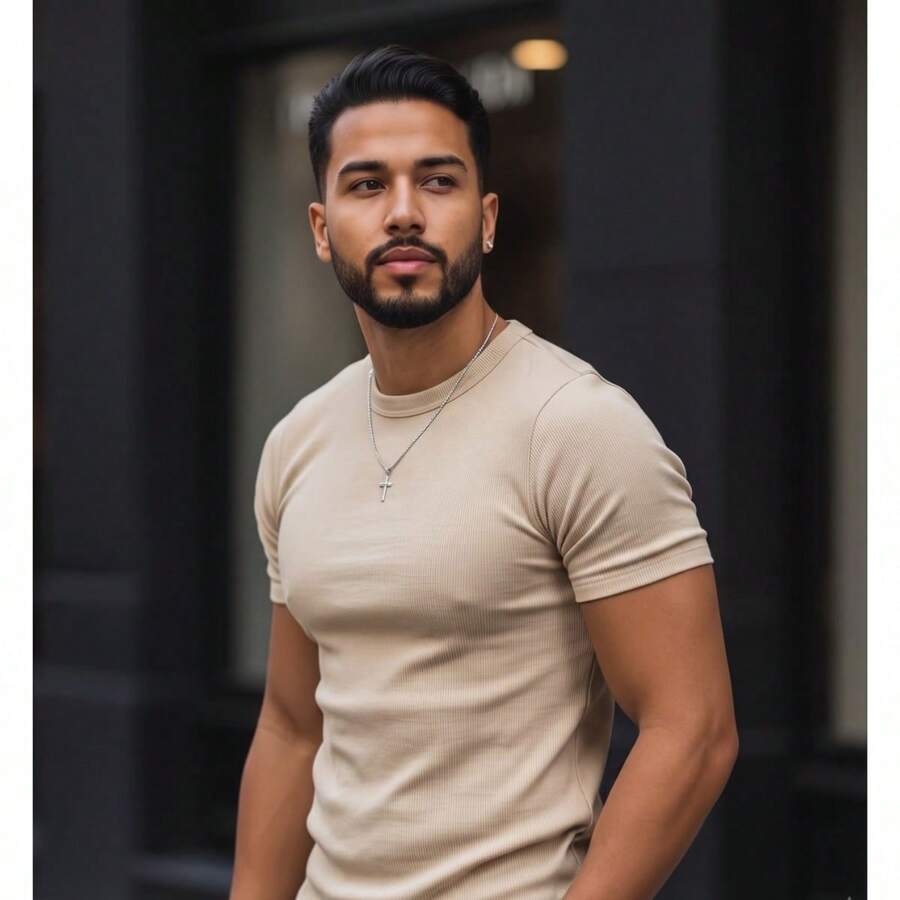 American Ribbed Slim Fit T-Shirt - Light Beige - View 1