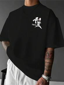 Men's Anime Pattern Printed Short Sleeve Shirt T Shirt,Printed With A Lonely Anime Warrior Pattern,Hand-Drawn Text Pattern - 黑色 - 查看 2