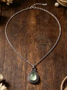 1pc Vintage Bohemian Pomegranate Stone Pendant Necklace, Women's Creative Exquisite Carved Red Personalized Necklace Jewelry Accessory - Light Green Water Drops - View 6