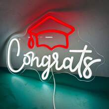 1 pieza Letrero de Neón LED Congrats Grad - Decoración de pared con alimentación USB y regulable, con diseño de birrete de graduación y copa de champán, iluminación de estilo cursiva para fiesta de graduación, celebración en oficina en casa, construcción de plástico duradero, decoración de graduación, iluminación de ambiente de fiesta, decoración, directo de fábrica - Rojo, blanco - Ver 4