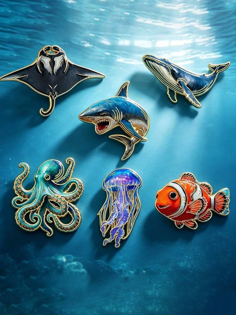 鯊魚與章魚琺瑯胸針,金屬手工領口針,百搭獨特時尚配件,適用於包包、帽子、圍巾,適合日常、派對、旅行裝飾,送給男士與女士海洋愛好者的禮物 - 多色 - 查看 1