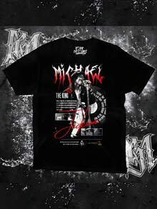 Fashion Crewneck Casual T-Shirt - 100% - Michael Jacksons The King Graphic Print With Red Typography And Iconic Performance Image - Perfect For - Black - View 1