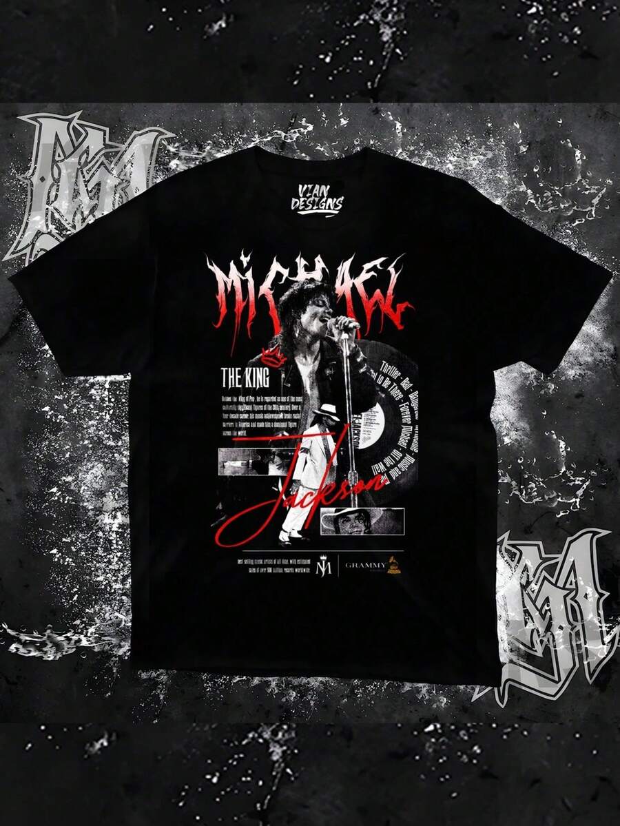 Fashion Crewneck Casual T-Shirt - 100% - Michael Jacksons The King Graphic Print With Red Typography And Iconic Performance Image - Perfect For - Black - View 1