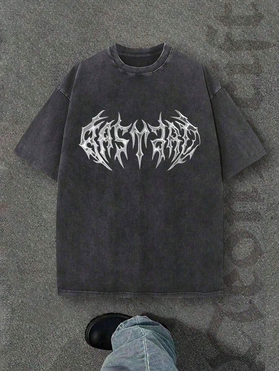 Plus Size Men's Black Vintage Gothic Style Print Casual T-Shirt - Black - View 1