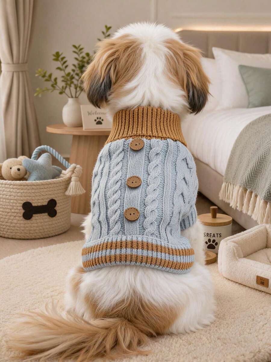 1件寵物衣服 狗貓適用 小狗幼犬可愛寵物服 透氣保暖 秋冬舒適新款 粗針編織鈕扣毛衣 藍色 - 彩色 - 查看 1