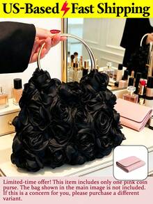 Elegant Rose Flower Clutch Purse, Women Formal Dress Party Handbag, Gentle Sweet Girl's Shoulder Bag, Solid Color Bucket Bag, Bridal Purse - 黑色 - 查看 12