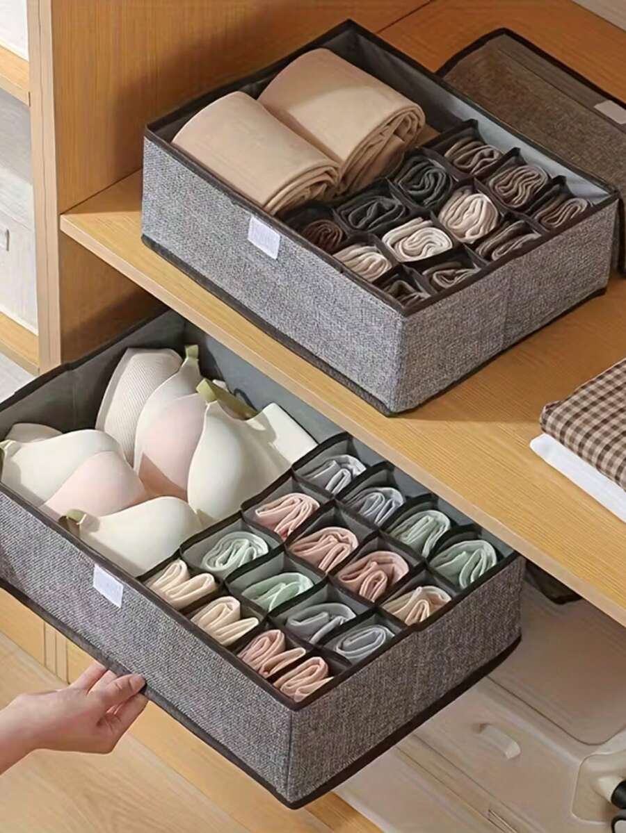 1pc Home Underwear Storage Box With Lid, 13/17 Compartments, Gray/Beige 2 Colors Optional, Drawer-Style Bra Socks Underwear Organizer Divider Box, Linen Storage Box - Multicolor - View 1