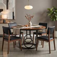 LITTLE TREE 47-Inch Round Dining Table, Wood Kitchen Table With Sturdy Metal Base For 4-6 People, Large Circle Dinner Table For Dining Room, Kitchen, Living Room (Brown & Black, Only Desk) - Brown & Black - View 4