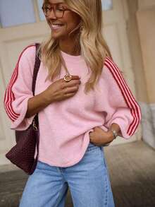 Pull femme à manches 3/4 rayé bicolore, col rond, coupe ample, effet duveteux, style streetwear sportif pour le quotidien, rose, 2026 - Rose bonbon - Voir 1