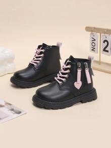 1 Pair Girls' Boots, Solid Color Matte PU With Heart Pattern Decor, Side Zipper & Front Lace-Up Design, Round Toe, Warm Thick Sole, Height-Increasing, Durable, British Style Fashion Ankle Boots, Suitable For Boys & Girls Students, Daily Casual, Vacation, Party, Outdoor Wear, Autumn/Winter New - Black - View 1