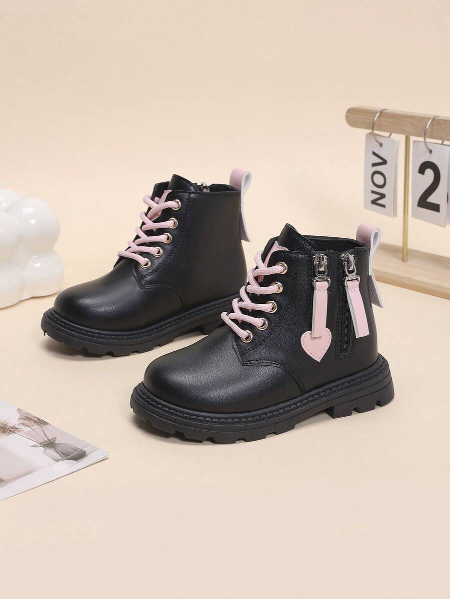 1 Pair Girls' Boots, Solid Color Matte PU With Heart Pattern Decor, Side Zipper & Front Lace-Up Design, Round Toe, Warm Thick Sole, Height-Increasing, Durable, British Style Fashion Ankle Boots, Suitable For Boys & Girls Students, Daily Casual, Vacation, Party, Outdoor Wear, Autumn/Winter New - Black - View 1