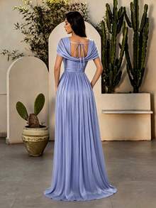 Mgiacy Women's Elegant Blue Pleated V-Neck Ruffle Waist Tie Long Dress Fall Wedding Party - Blue - View 3