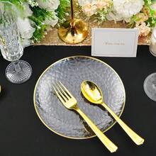 50pcs/Transparent Gold Rim Round Hammered Texture Plates.Large Plate 10.25 Inch.Small Plate 7.5 Inch,Reusable And Easy To Clean Cute Tableware.Perfect For Weddings And Birthday Parties,Family Gatherings,Outdoor Team Building,General Use,School,Back To School Supplies,School Parties - Transparent - View 5