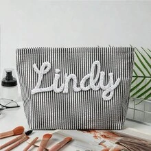 Custom Seersucker Makeup Bag & Travel Pouch - Personalized Chenille Name Toiletry Bag & Summer Beach Tote - 1black White - View 12