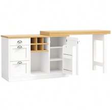 Mesa de bar multifuncional con almacenamiento, isla de cocina extensible con botellero y cajón, tiradores metálicos, mesa de cocina plegable giratoria 360°, carrito de servicio para apartamentos pequeños, blanco - Blanco - Ver 9