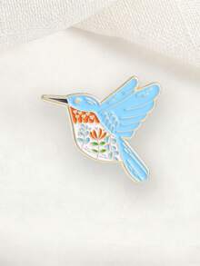 Broche Vintage Boho de Colibrí Esmaltado con Corazón Floral y Borde Dorado, Alfiler de Metal para Decoración de Bolso, Accesorio - Celeste - Ver 4