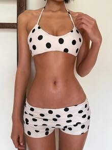 女款波點印花掛脖綁帶比基尼上衣與休閒低腰比基尼褲套裝 白色夏季優雅辣妹比基尼套裝 - 白色 - 查看 5