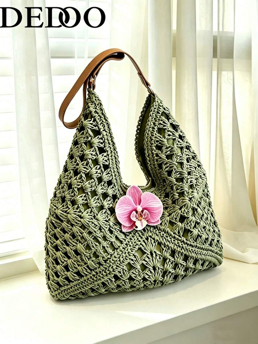 Dedoo Women's Crochet Bohemian Large Capacity Shoulder Bag, Beaded Coconut Tree Pattern, Leather Handle, Suitable For Summer (Random Pendant Hook)