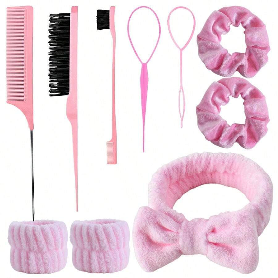 10PCS Practical Hair Accessories Set With Hair Comb, Teasing Brush, Eyebrow Comb, Hair Puller, Bow Hair Tie, Cuff Wristband, Velvet Scrunchie, SPA Beauty Braiding Styling Hair Tools For Women