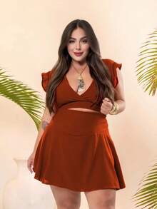 Conjunto Curve Short-saia E Cropped Amarrar Plus Size - Terracota - Visão 1