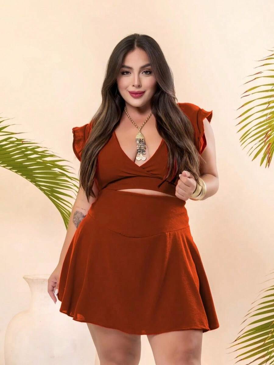 Conjunto Curve Short-saia E Cropped Amarrar Plus Size - Terracota - Visão 1