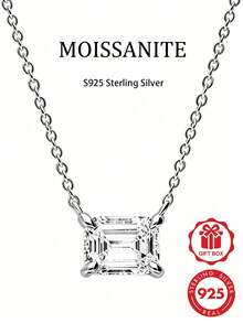 S925 Sterling Silver 14K Gold Plated Emerald Cut Moissanite Necklace, Exquisite Rectangular Pendant Collarbone Necklace, Elegant Wedding Anniversary Birthday Jewelry Gift For Bride And Girlfriend - Style a - White - View 6