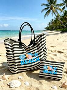 1/2 pièces/set Sac fourre-tout rayé & Sac de maquillage, motif imprimé "Plage", convient pour les vacances, les voyages, les trajets, les achats, cadeau pour la famille et les amis - Multicolore - Voir 8