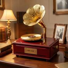 Vintage Gramophone Style Decorative Ornament, Solid Wood Base With Carved Metal Horn, Retro Record Player Design, Exquisite Craftsmanship, Suitable For Living Room, Study, Desktop Decor, Combining Atmospheric Display And Nostalgia - Multicolor - View 3