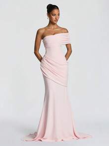 Elegant One-Shoulder Knitted Long Mermaid Dress, High Elasticity Sleeveless Evening Gown Wedding Party Fall - Baby Pink - View 4