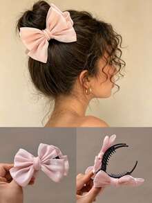 1pc Girls Spring/Summer New Pink Bow Bun Hair Claw Clip - Pink - View 1