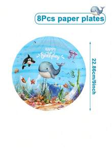 Ocean Animal Theme Party Disposable Paper Tableware Set, 8pcs Ocean Animal Pattern 7 Inch And 9 Inch Disposable Paper Plates, 8pcs Whale Pattern Paper Cups, 16pcs Underwater Whale Style Napkins, Gender Reveal Party Disposable Tableware Set, Underwater World Style Birthday Disposable Tableware, Baby Shower Party Supplies, 1st Birthday Party Photo Decoration, Baby Shower Decoration, Baby Shower Gift, Gender Reveal Decoration, Party Gift, Christmas - Marine Animals - View 6