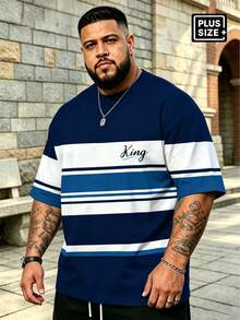 Plus Size Men's Navy Blue & White Colorblock Multi-Width Horizontal Striped Crew Neck Short Sleeve T-Shirt, Plus Size Men's T-Shirt Sports - Blue - View 1