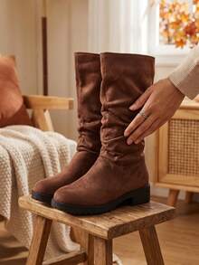 1 Pair 2026 Girls' Round Toe Mid-Calf Stacked Chunky Heel Boots, Casual Autumn/Winter Daily School Outfit - Brown - View 2