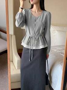 YCYC 韓式休閒通勤女款襯衫上衣 - 霧霾藍 - 查看 3