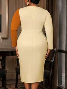 Women Plus Size Color Block Bodycon Dress V Neck Long Sleeves 3D Floral Button Slit Elegant Church Party Wedding Guest Fall Outfit - Khaki - View 3