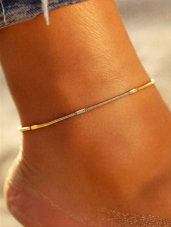 1 pièce Bracelet de cheville plat ultra-fin en chaîne de serpent pour femme, chaîne minimaliste unie, luxe léger haut de gamme doré brillant, accessoire de vacances à la plage, cadeau de confession 520