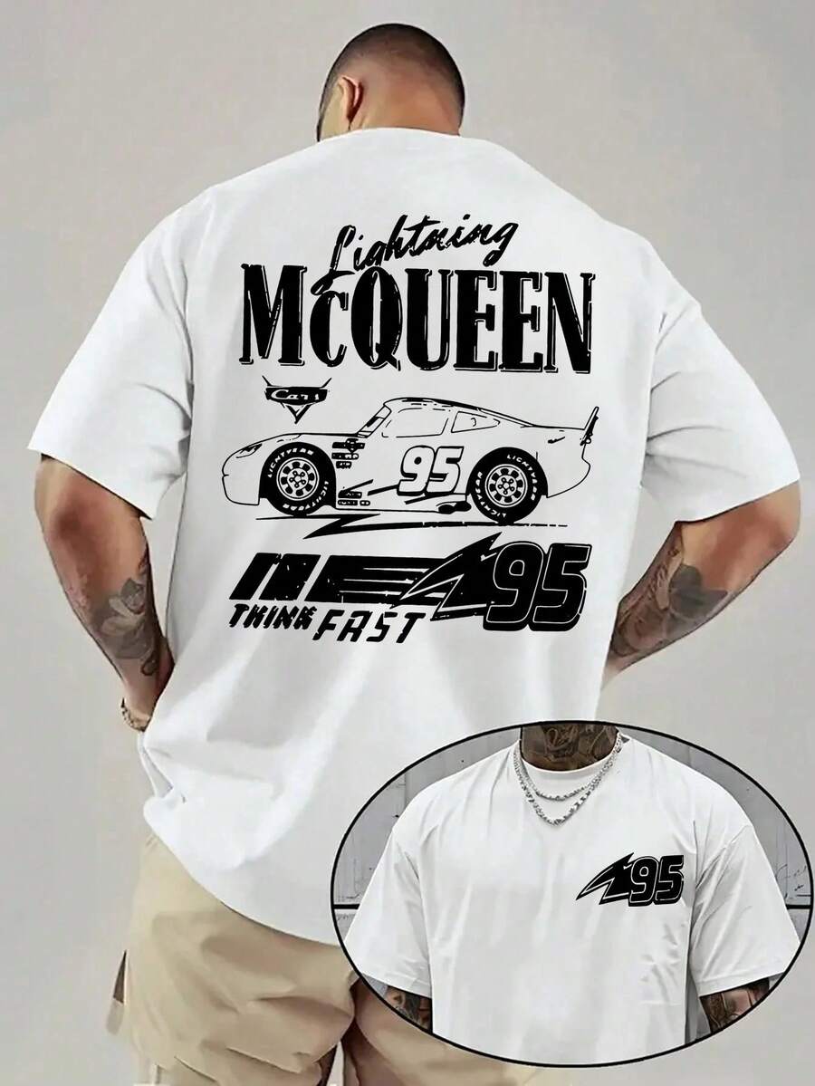Disney McQueen 95 Letter & Cars Graphic Print Casual Round Neck Short Sleeve T-Shirt, Disneyland Outfit, Suitable For Gift, Suitable For Daily Wear - 白色 - 查看 1