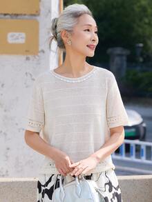 女款時尚鏤空針織上衣，柔軟短袖針織衫 T-shirt，適合萬聖節、感恩節、聖誕節與週末穿搭 - 白色 - 查看 2