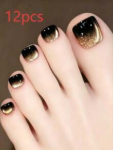 12pcs Black & Gold Gradient French Manicure Fake Nails, Y2K Style Reusable Acrylic Fake Toenails Set - 金色 - 查看 2
